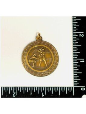 TS Gold Tone Baseball Batter Catcher Medal Charm Pendant Trophy Shop NOS 13.31g